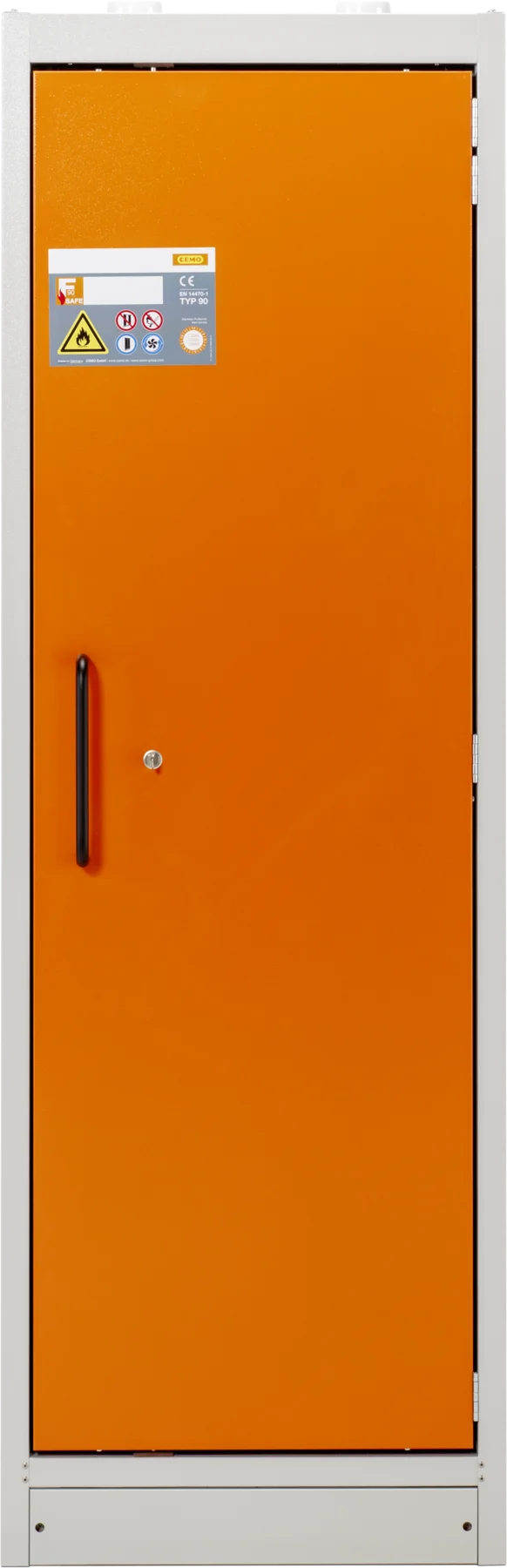 CEMO PROline safety cabinet with stainless steel shelves, 33 L, grey, right-opening door, orange doors